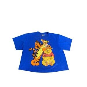 Vtg 90s Pooh Graphic Tshirt Boxy/Crop Fit Size Youth XL Blue Tiger Pooh Bear